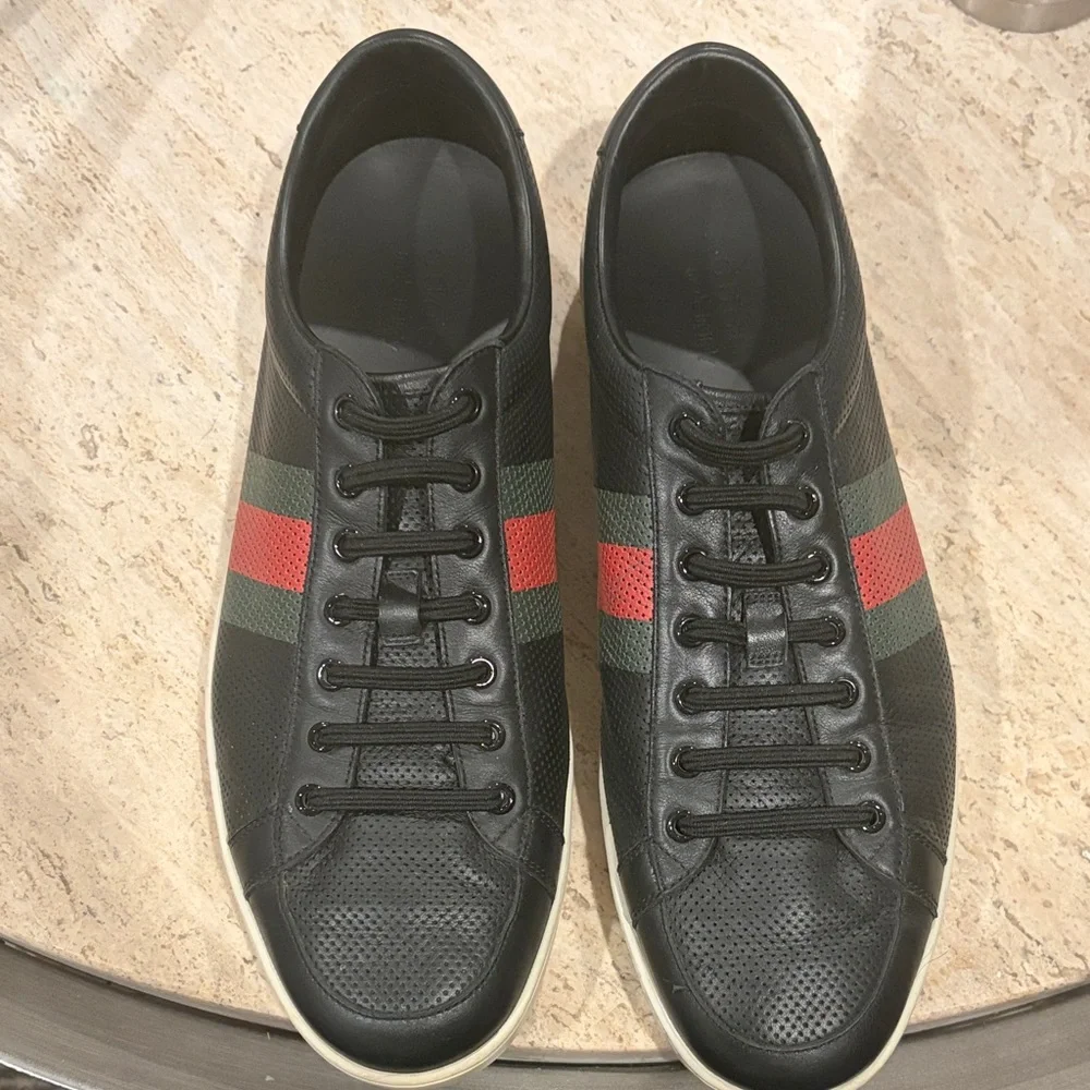 Gucci Black Leather Sneakers with Green and Red Web Stripe
